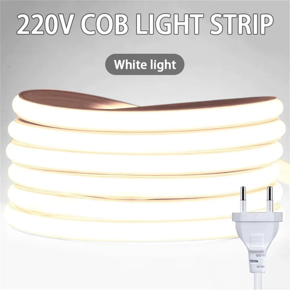 220V Led Ribbon Adhesive High Brightness COB Led Strip for Room Waterproof Led Strip Flexible Ribbon for Outdoor Garden Lighting