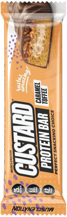 Caramel Toffee Custard Protein Bars 12 X 60G – High Protein Snack with Soft Caramel Custard Center 12-Pack