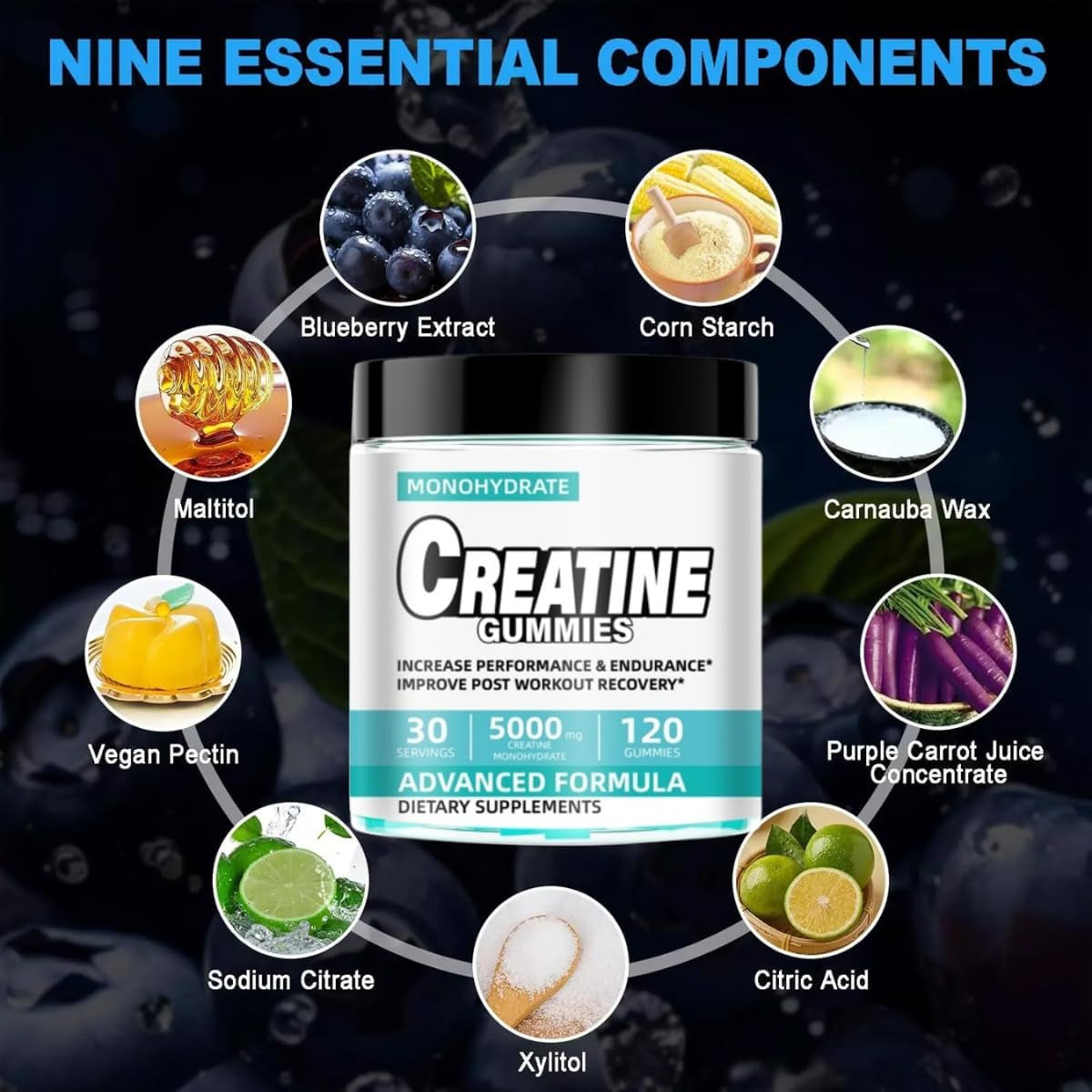 Blueberry Creatine Monohydrate Gummies 5000Mg, Chewable Pre-Workout Supplement for Men & Women, Muscle Growth, Strength, Aid Faster Recovery & Improve Cognition,Enhanced Performance,120 Gummies
