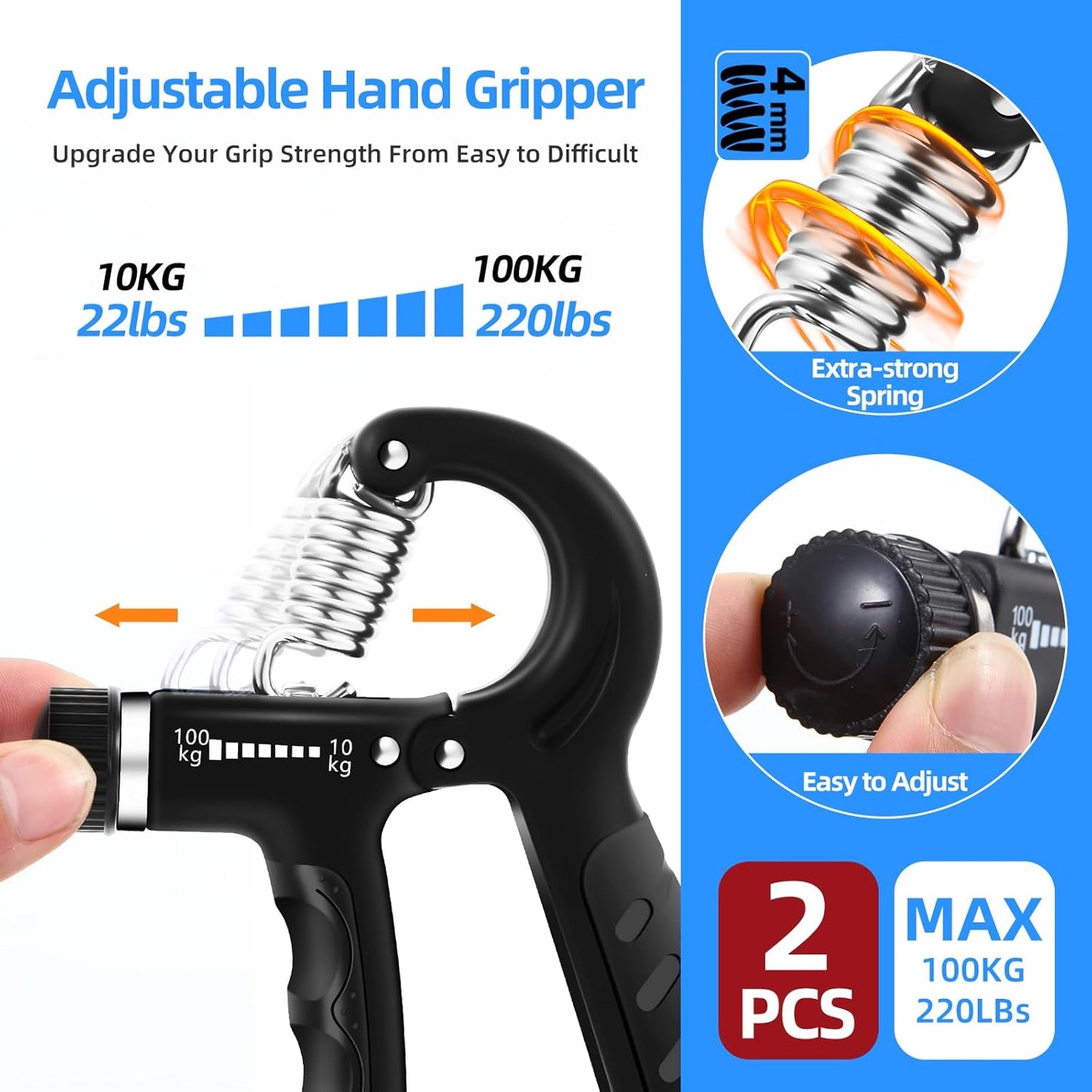 2PCS Grip Strength Trainer with 22-220Lbs (10-100Kg) Adjustable Resistance, Hand Gripper, Forearm Strengthener, Finger Exerciser for Muscle Building and Injury Recovery