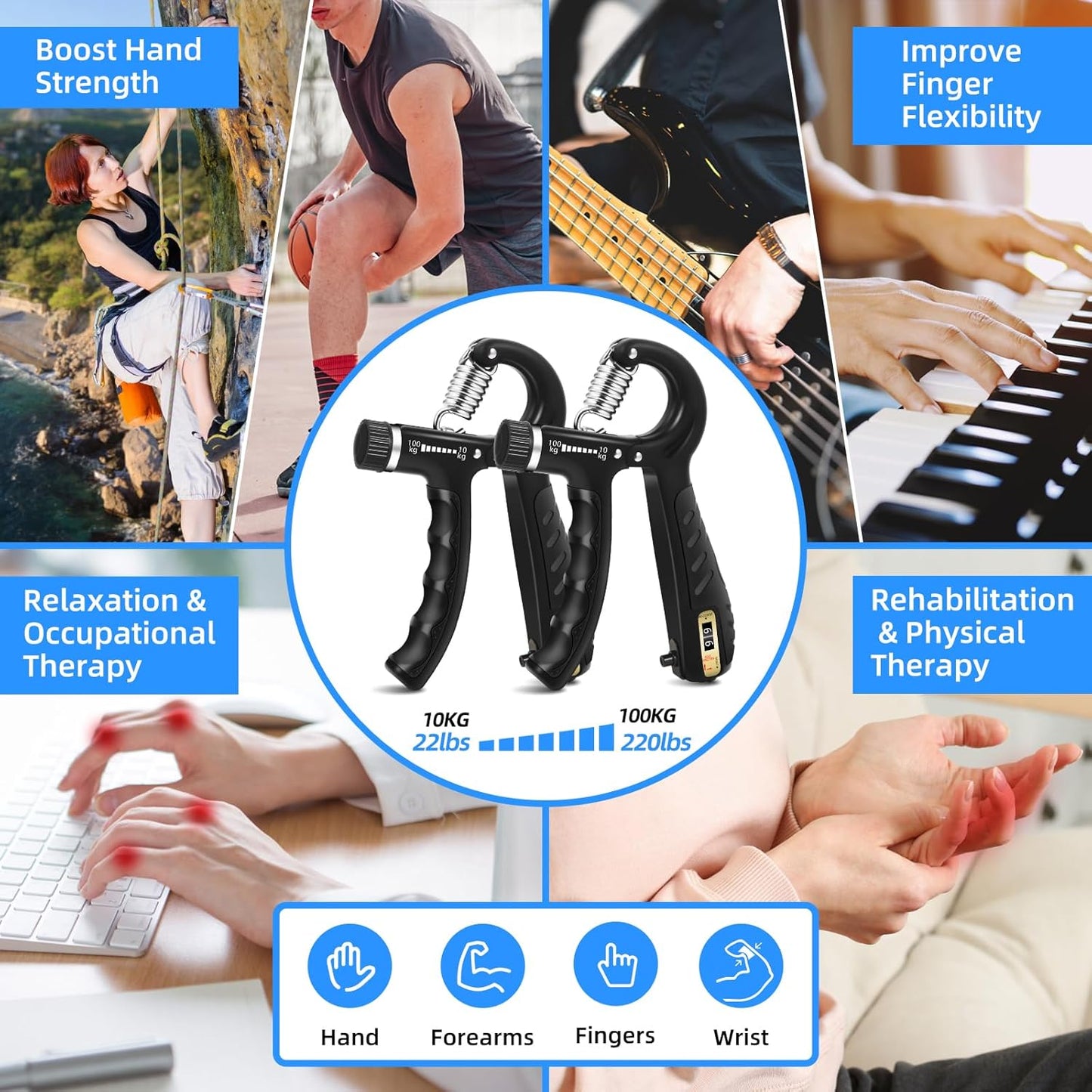 2PCS Grip Strength Trainer with 22-220Lbs (10-100Kg) Adjustable Resistance, Hand Gripper, Forearm Strengthener, Finger Exerciser for Muscle Building and Injury Recovery