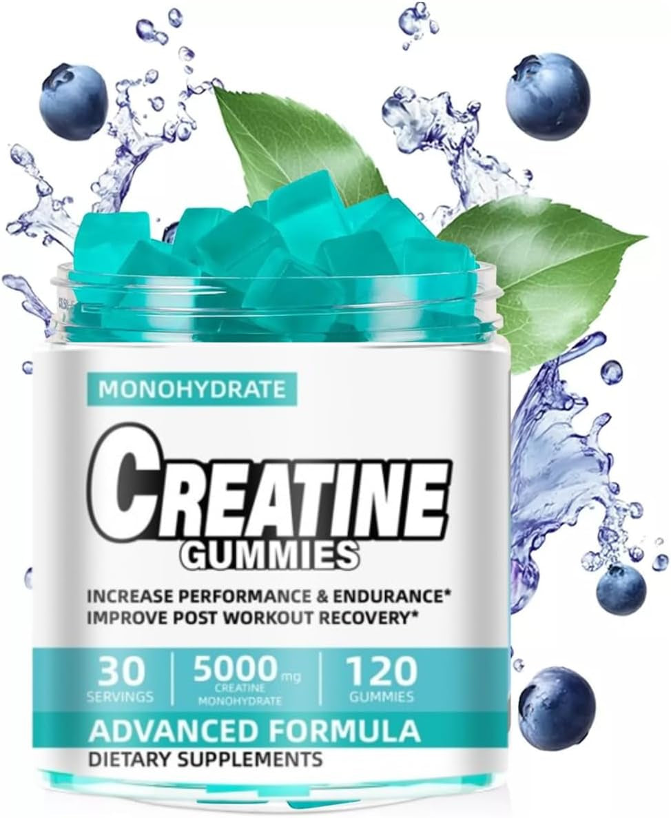 Blueberry Creatine Monohydrate Gummies 5000Mg, Chewable Pre-Workout Supplement for Men & Women, Muscle Growth, Strength, Aid Faster Recovery & Improve Cognition,Enhanced Performance,120 Gummies