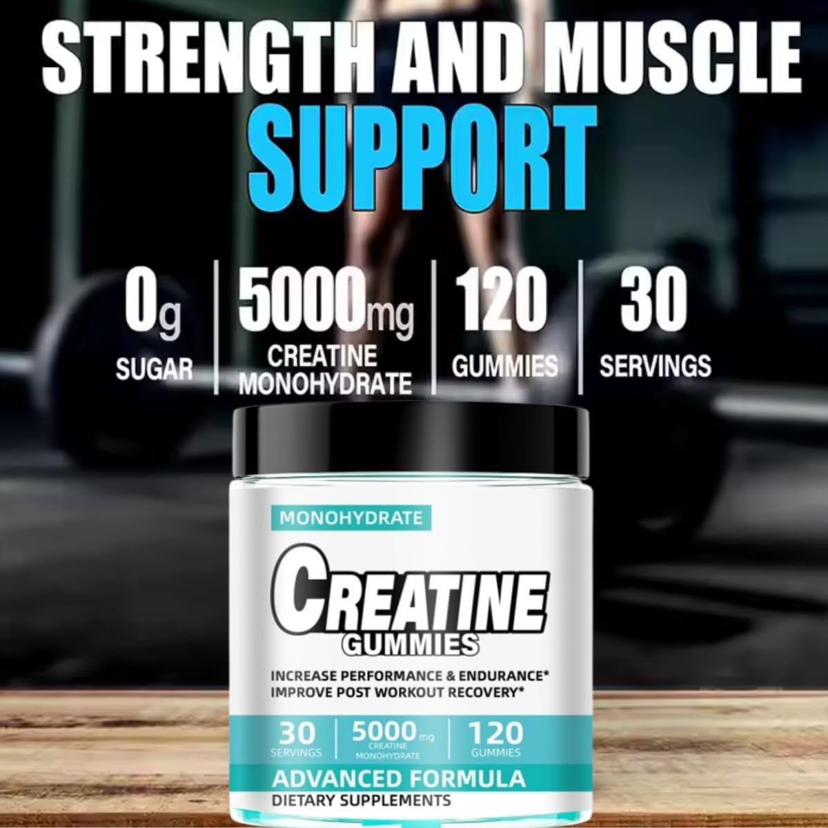 Blueberry Creatine Monohydrate Gummies 5000Mg, Chewable Pre-Workout Supplement for Men & Women, Muscle Growth, Strength, Aid Faster Recovery & Improve Cognition,Enhanced Performance,120 Gummies