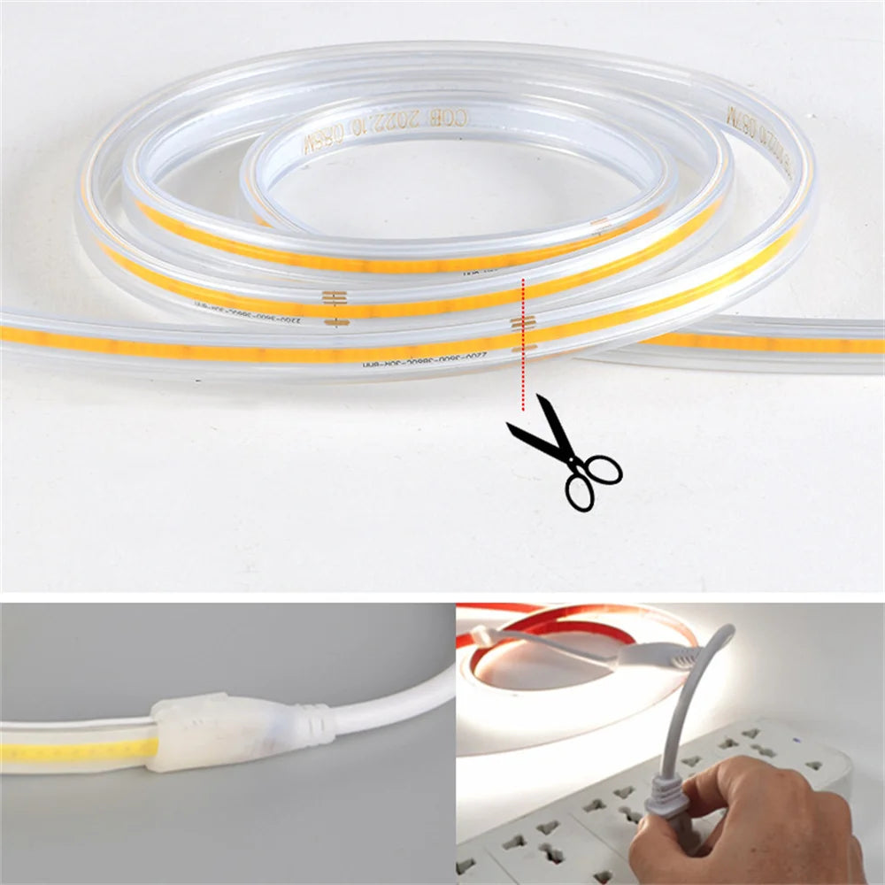 220V Led Ribbon Adhesive High Brightness COB Led Strip for Room Waterproof Led Strip Flexible Ribbon for Outdoor Garden Lighting
