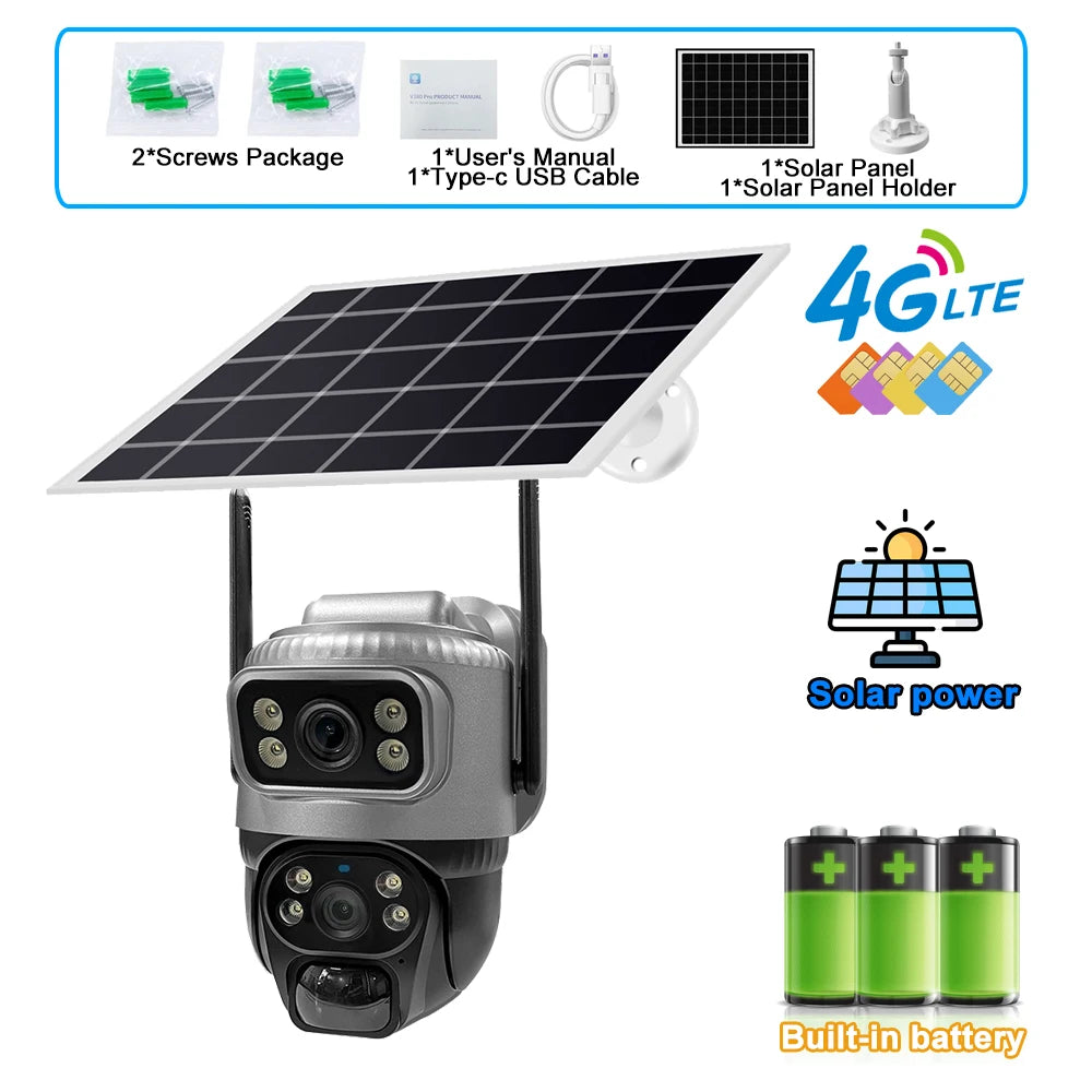 8MP 4K Solar Camera 4G Wifi Outdoor Dual Lens PIR Human Detection Night Vision Waterproof Security Solar Battery CCTV Monitor