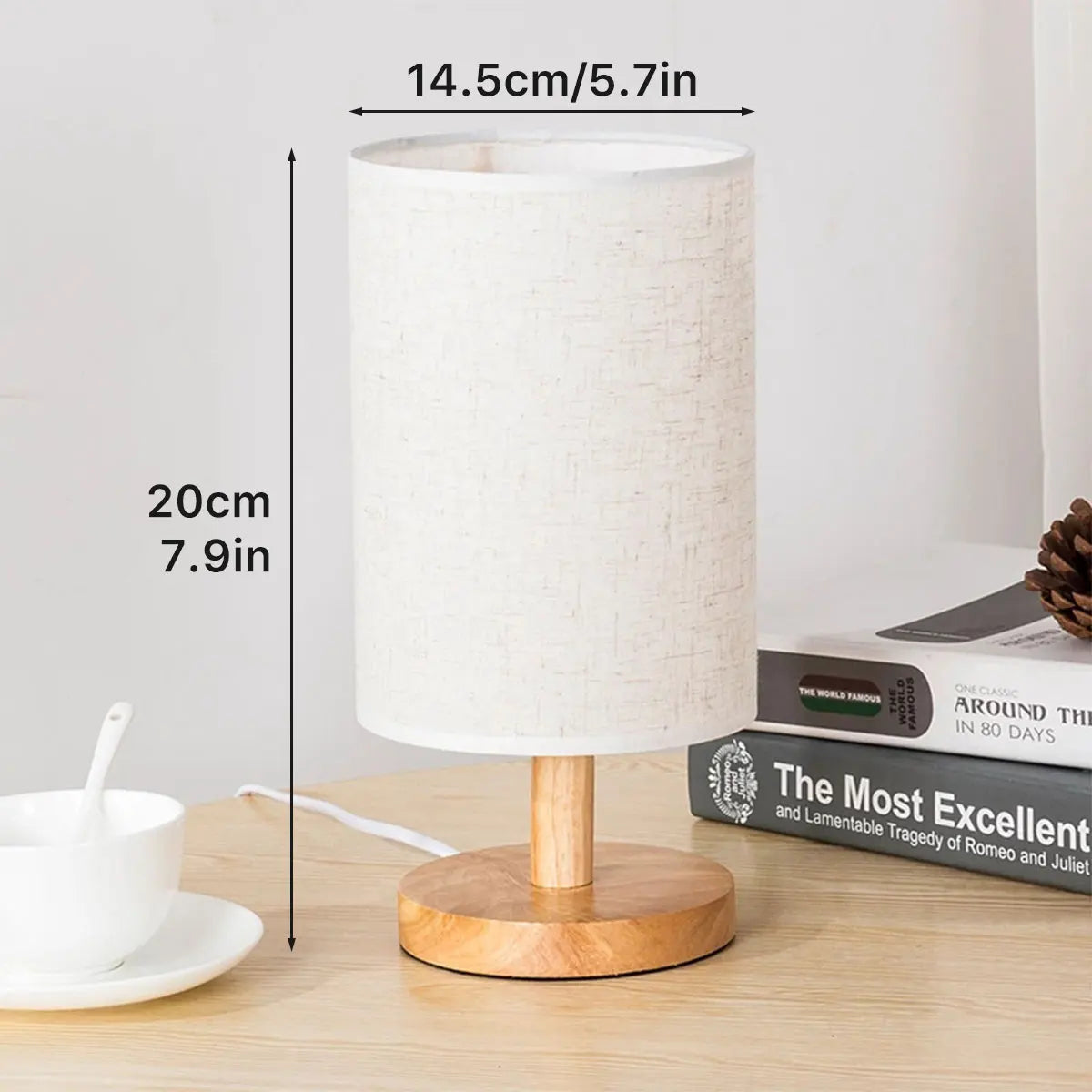 USB Bedside Lamp Night Lights Table Lamp for Bedroom Wooden Desk Lamp Bedside Night Light with Cylinder Lamp Shade Home Decor