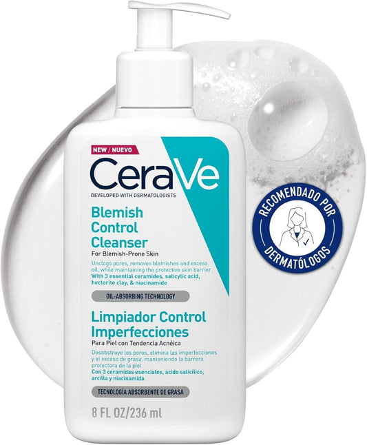 Blemish Control Cleanser Gel Face Wash 236Ml, for Blackheads, Blocked Pores & Acne-Prone Skin, 2% Salicylic Acid + Niacinamide + Purifying Clay + Ceramides, Lightweight + Oil-Absorbing