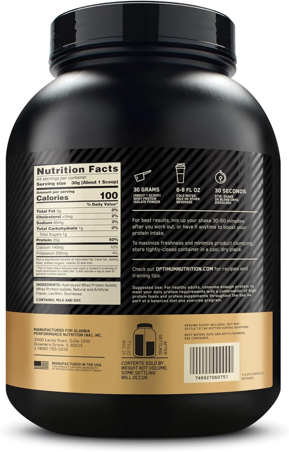 Gold Standard 100% Isolate Protein Powder, Vanilla Flavour, 1.36Kg - [2024/2025 Plastic Neck Band Packaging May Vary]
