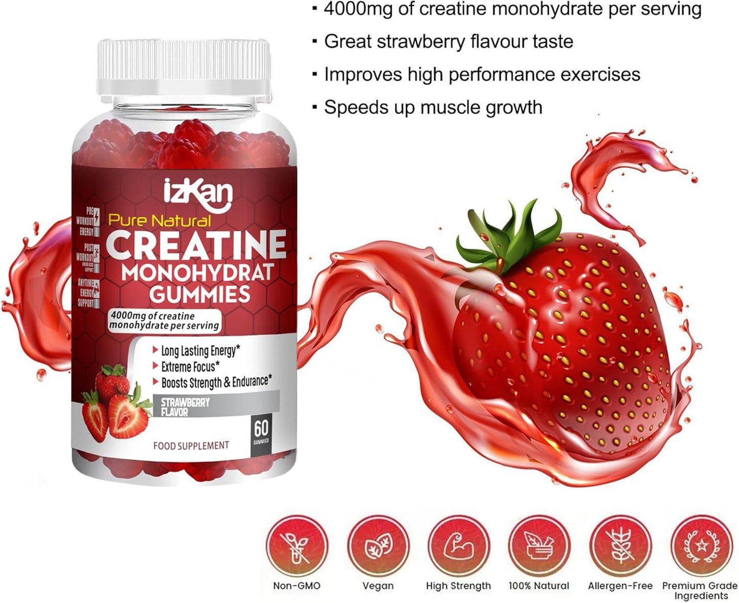 Pro Creatine Monohydrate Gummies 4000Mg for Men & Women - 60 Chewable Creatine Gummies Strawberry Flavoured Creatine | Pre Workout Gym Supplement| Keto | Vegan | (1)