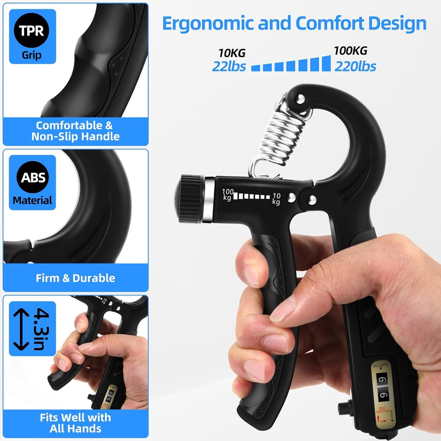 2PCS Grip Strength Trainer with 22-220Lbs (10-100Kg) Adjustable Resistance, Hand Gripper, Forearm Strengthener, Finger Exerciser for Muscle Building and Injury Recovery