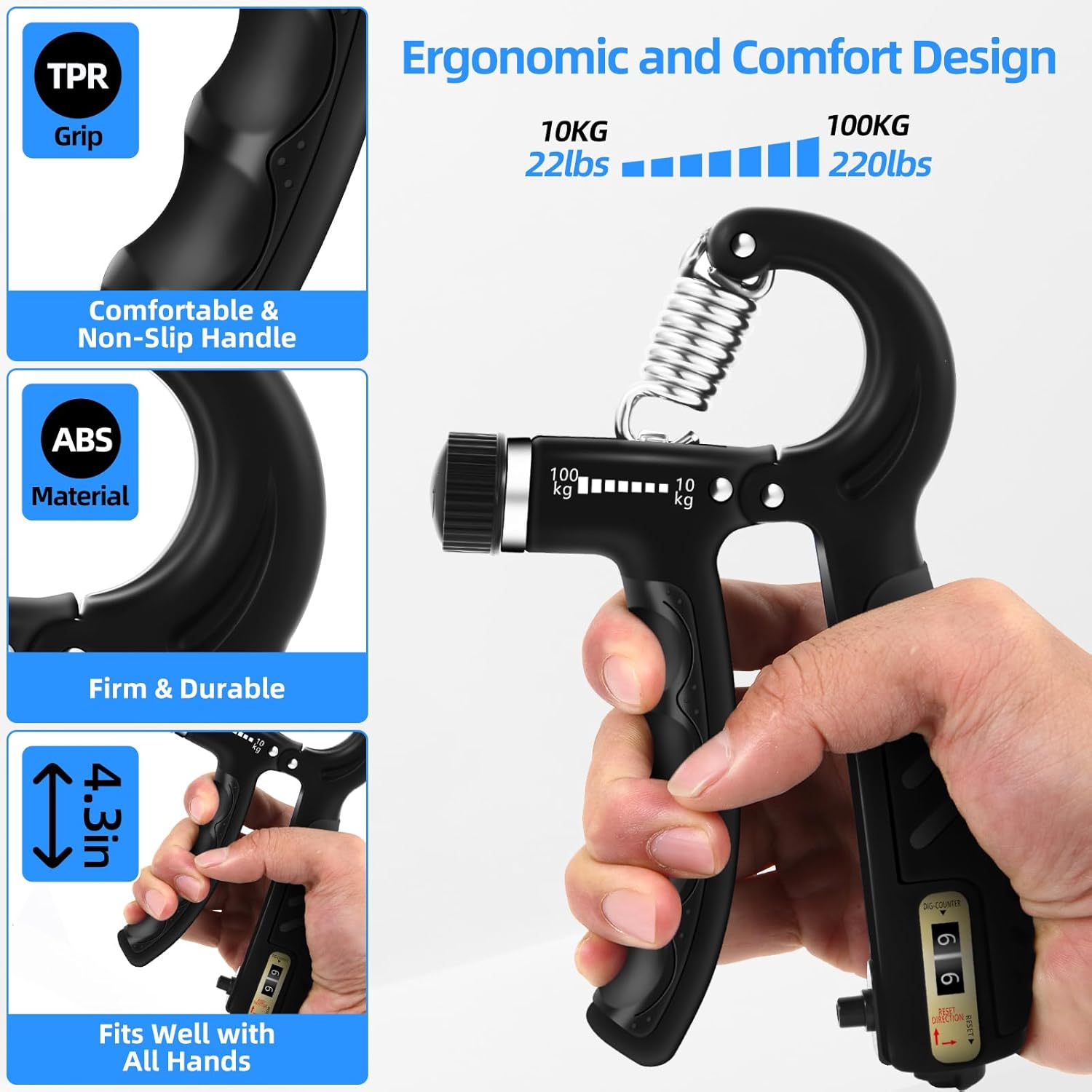 2PCS Grip Strength Trainer with 22-220Lbs (10-100Kg) Adjustable Resistance, Hand Gripper, Forearm Strengthener, Finger Exerciser for Muscle Building and Injury Recovery