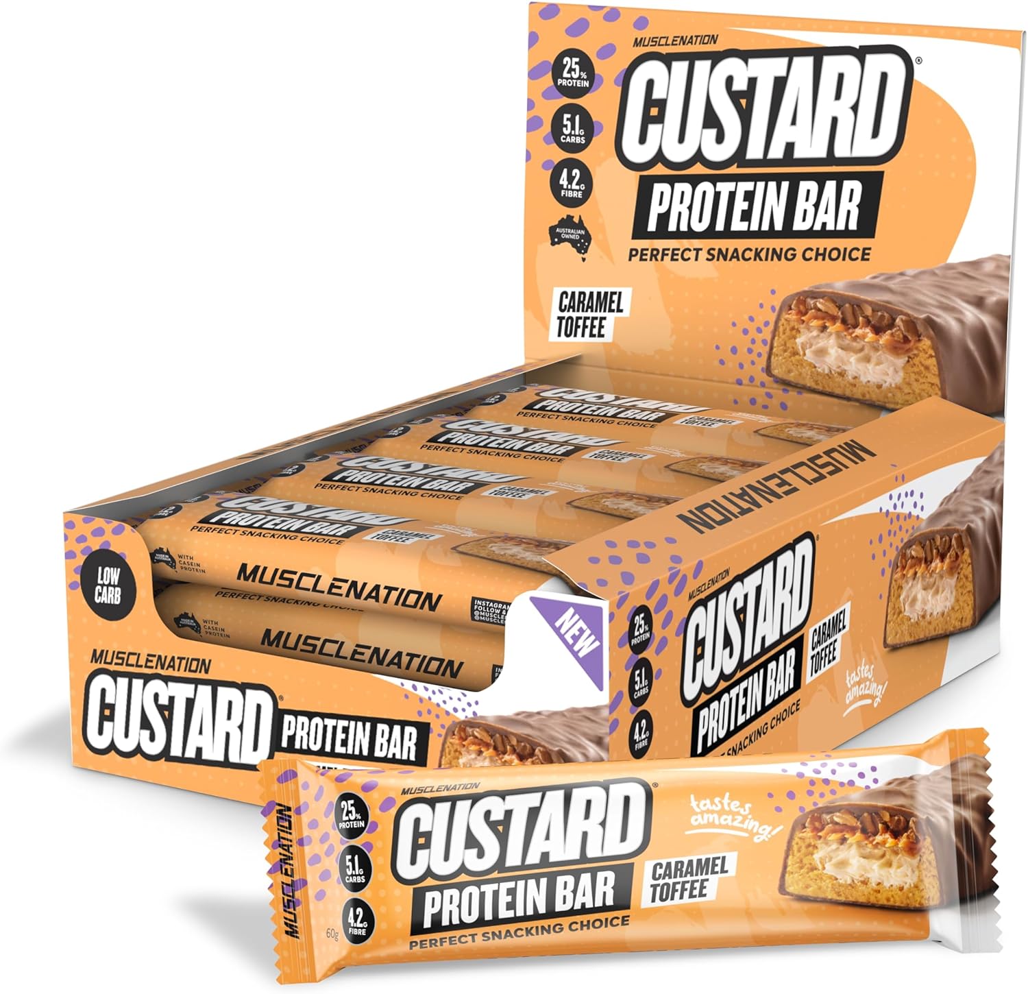 Caramel Toffee Custard Protein Bars 12 X 60G – High Protein Snack with Soft Caramel Custard Center 12-Pack
