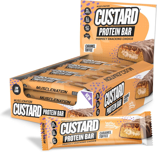 Caramel Toffee Custard Protein Bars 12 X 60G – High Protein Snack with Soft Caramel Custard Center 12-Pack