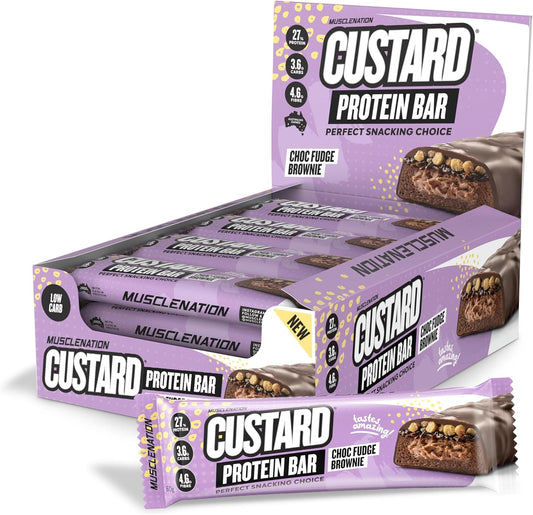 Choc Fudge Brownie Custard Protein Bars – High Protein Snack with Gooey Brownie Layer 12 X 60G