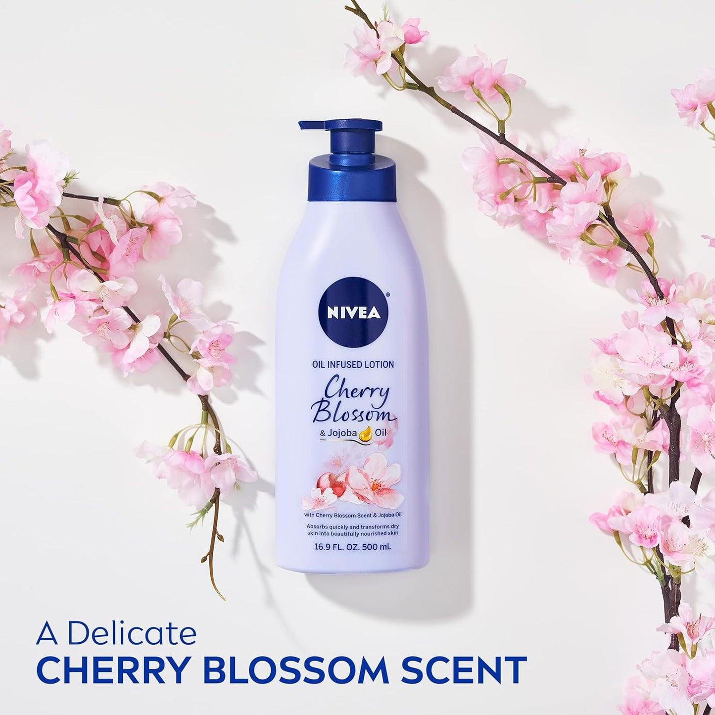 Oil Infused Cherry Blossom and Jojoba Oil Body Lotion for Women, Fast-Absorbing and Non-Greasy Cherry Blossom Scented Lotion Moisturizes for 48 Hours, 16.9 Fl Oz Pump Bottle