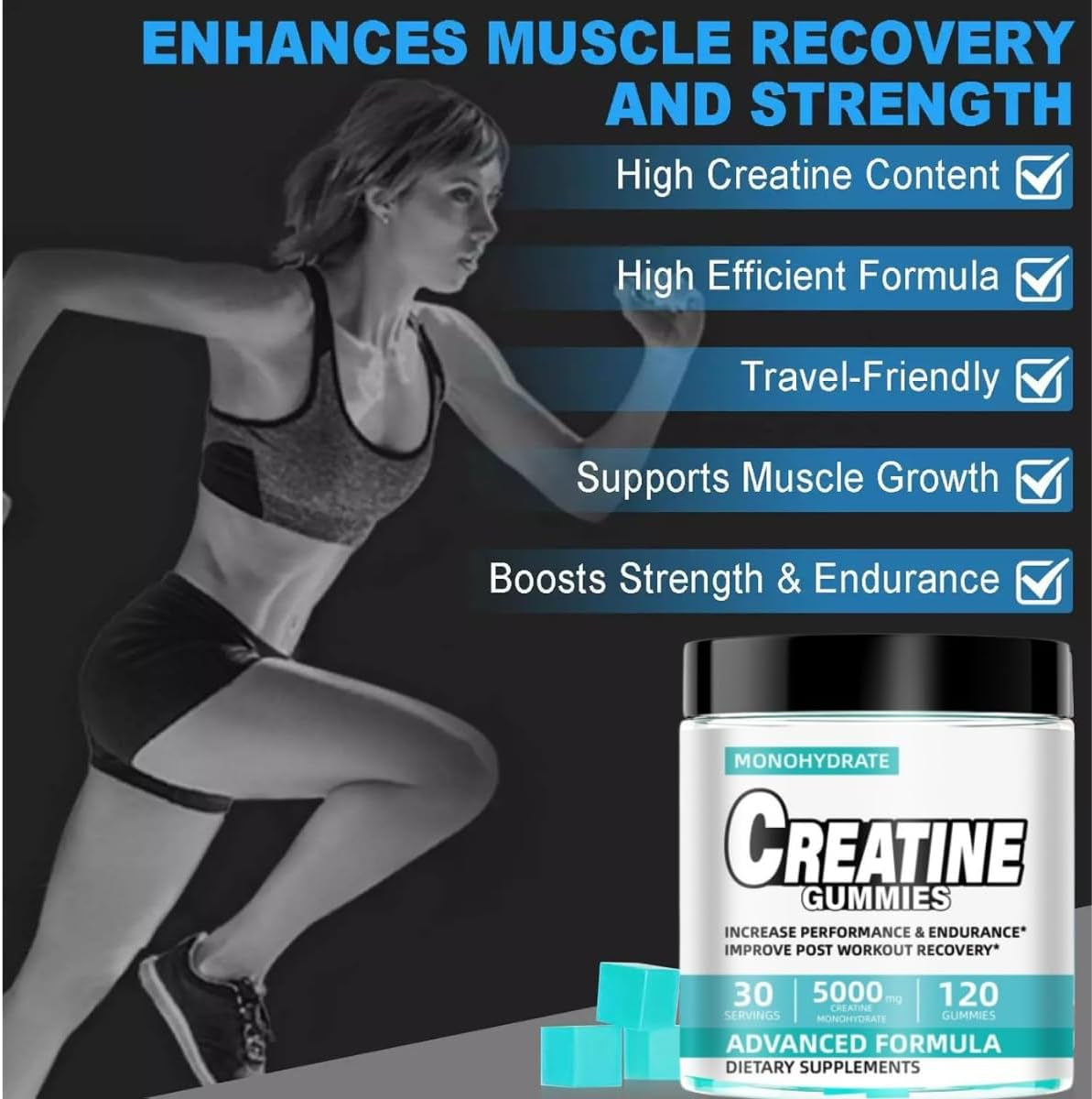 Blueberry Creatine Monohydrate Gummies 5000Mg, Chewable Pre-Workout Supplement for Men & Women, Muscle Growth, Strength, Aid Faster Recovery & Improve Cognition,Enhanced Performance,120 Gummies